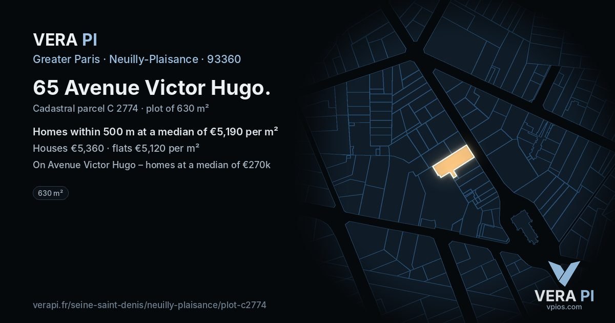 65 Avenue Victor Hugo, Neuilly-Plaisance at night – the plot lit, the parcels around coloured by the prices near them