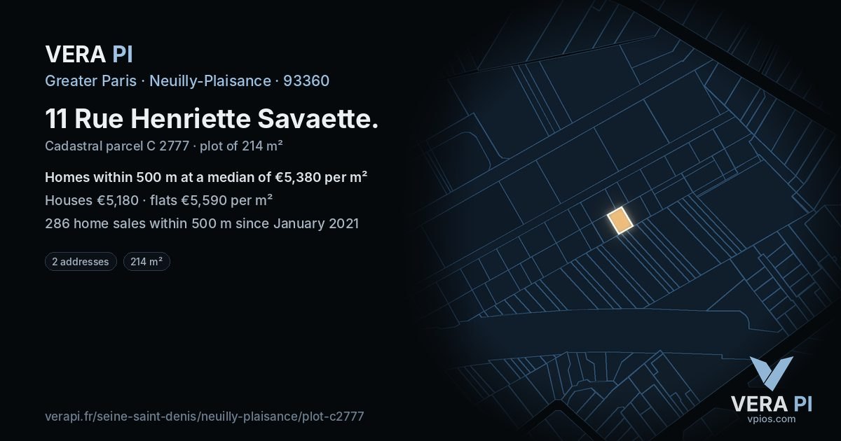 11 Rue Henriette Savaette, Neuilly-Plaisance at night – the plot lit, the parcels around coloured by the prices near them