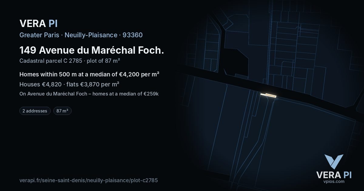 149 Avenue du Maréchal Foch, Neuilly-Plaisance at night – the plot lit, the parcels around coloured by the prices near them