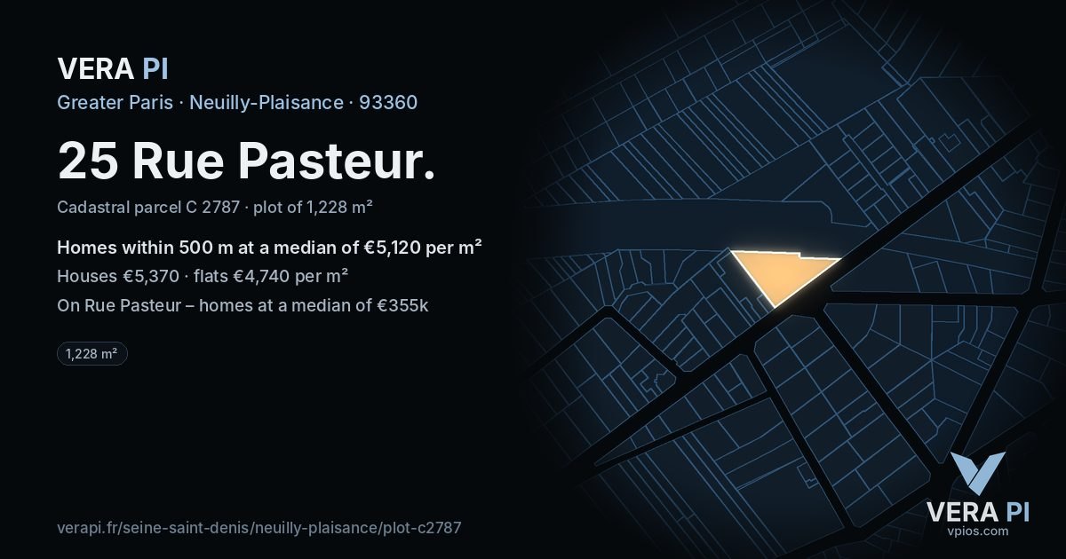 25 Rue Pasteur, Neuilly-Plaisance at night – the plot lit, the parcels around coloured by the prices near them