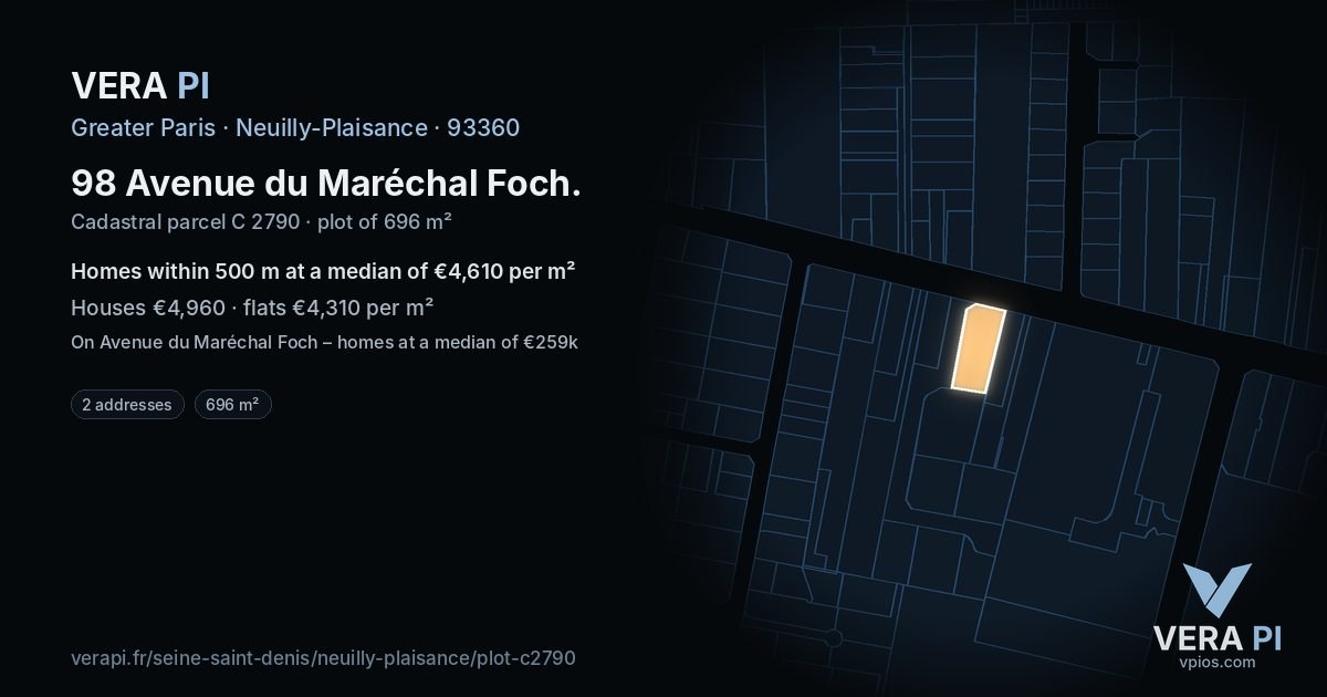 98 Avenue du Maréchal Foch, Neuilly-Plaisance at night – the plot lit, the parcels around coloured by the prices near them