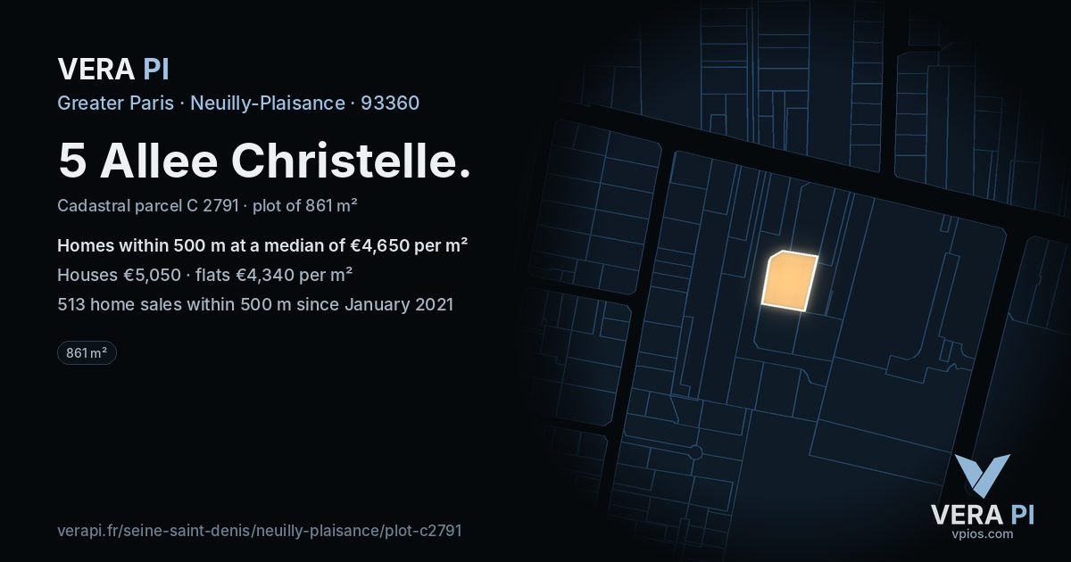 5 Allee Christelle, Neuilly-Plaisance at night – the plot lit, the parcels around coloured by the prices near them