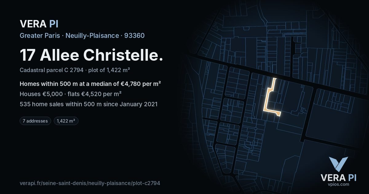 17 Allee Christelle, Neuilly-Plaisance at night – the plot lit, the parcels around coloured by the prices near them