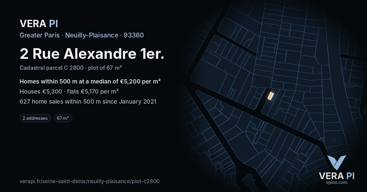2 Rue Alexandre 1er, Neuilly-Plaisance at night – the plot lit, the parcels around coloured by the prices near them
