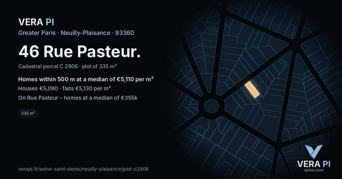 46 Rue Pasteur, Neuilly-Plaisance at night – the plot lit, the parcels around coloured by the prices near them