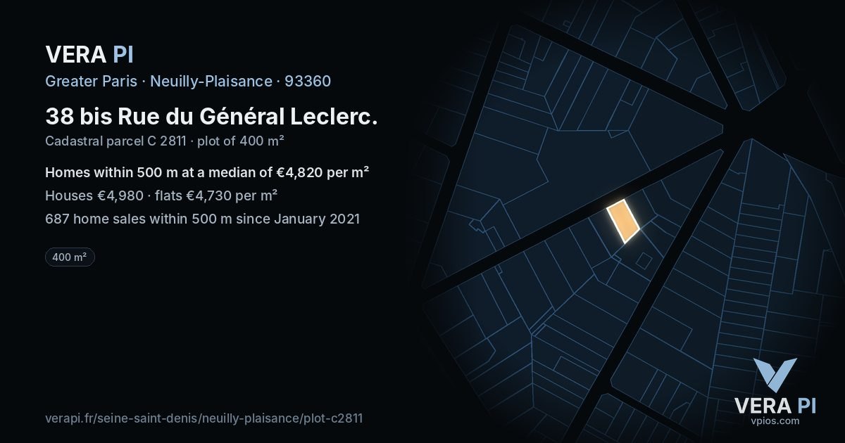 38 bis Rue du Général Leclerc, Neuilly-Plaisance at night – the plot lit, the parcels around coloured by the prices near them