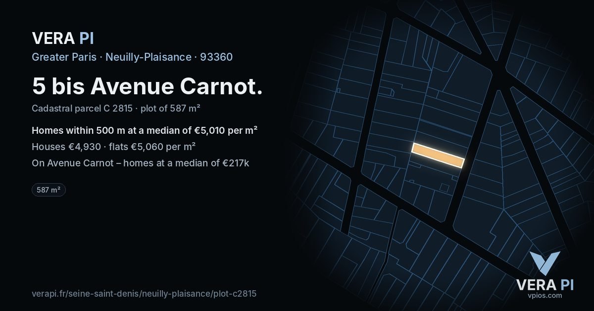 5 bis Avenue Carnot, Neuilly-Plaisance at night – the plot lit, the parcels around coloured by the prices near them