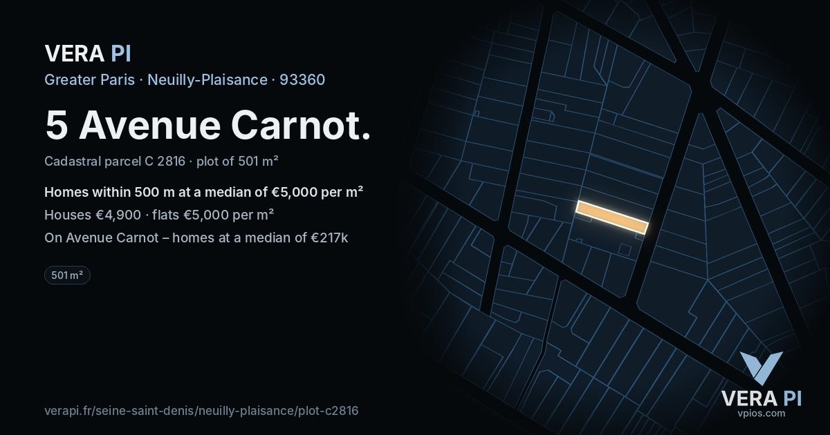 5 Avenue Carnot, Neuilly-Plaisance at night – the plot lit, the parcels around coloured by the prices near them