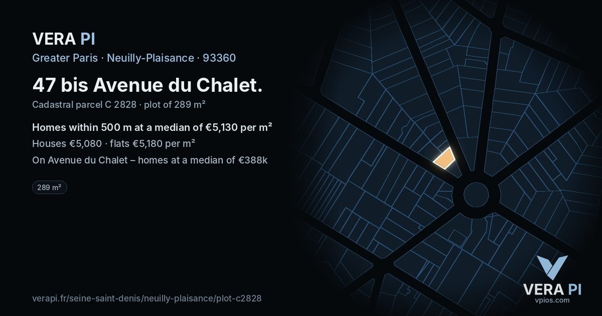 47 bis Avenue du Chalet, Neuilly-Plaisance at night – the plot lit, the parcels around coloured by the prices near them