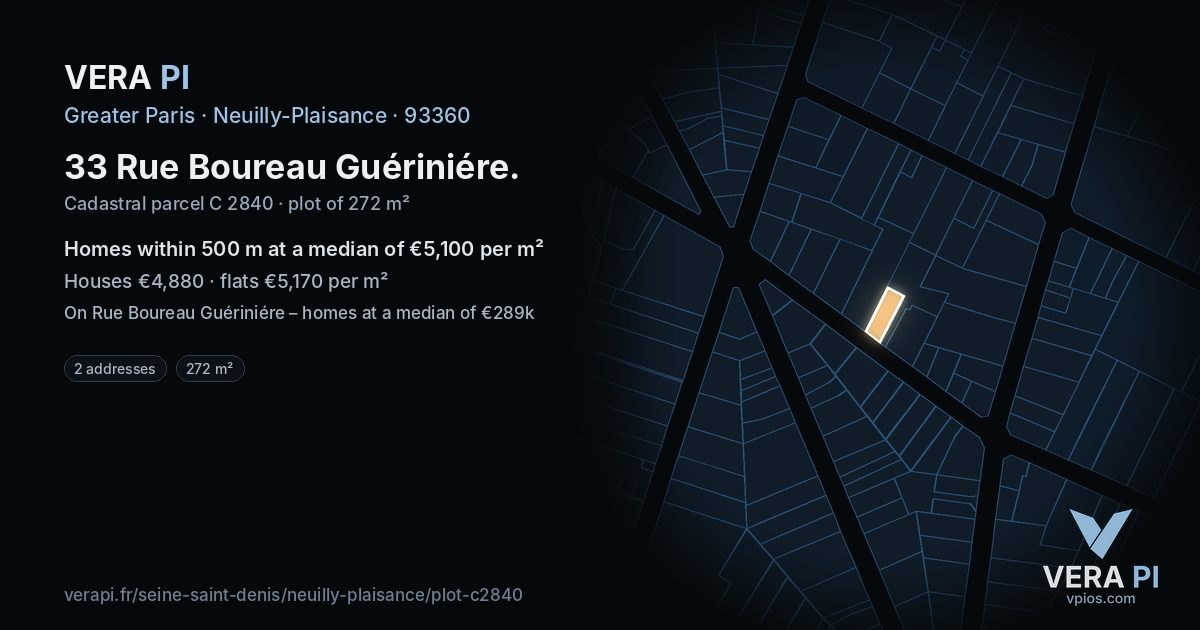 33 Rue Boureau Guériniére, Neuilly-Plaisance at night – the plot lit, the parcels around coloured by the prices near them