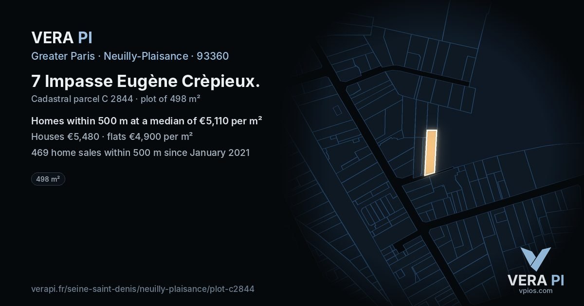 7 Impasse Eugène Crèpieux, Neuilly-Plaisance at night – the plot lit, the parcels around coloured by the prices near them