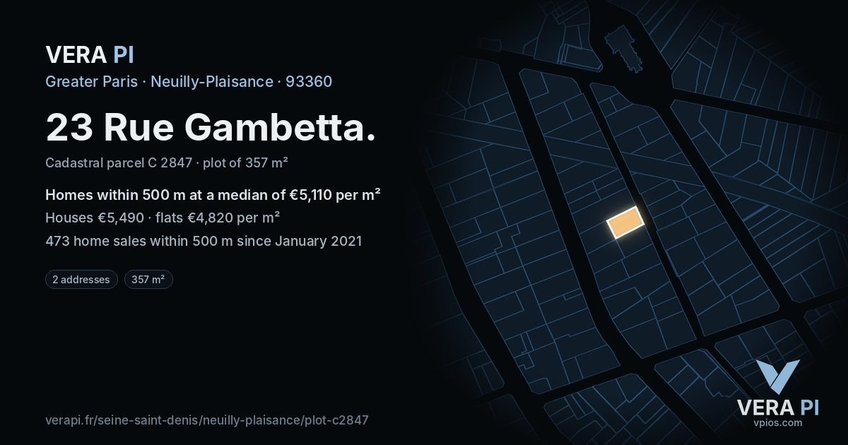 23 Rue Gambetta, Neuilly-Plaisance at night – the plot lit, the parcels around coloured by the prices near them
