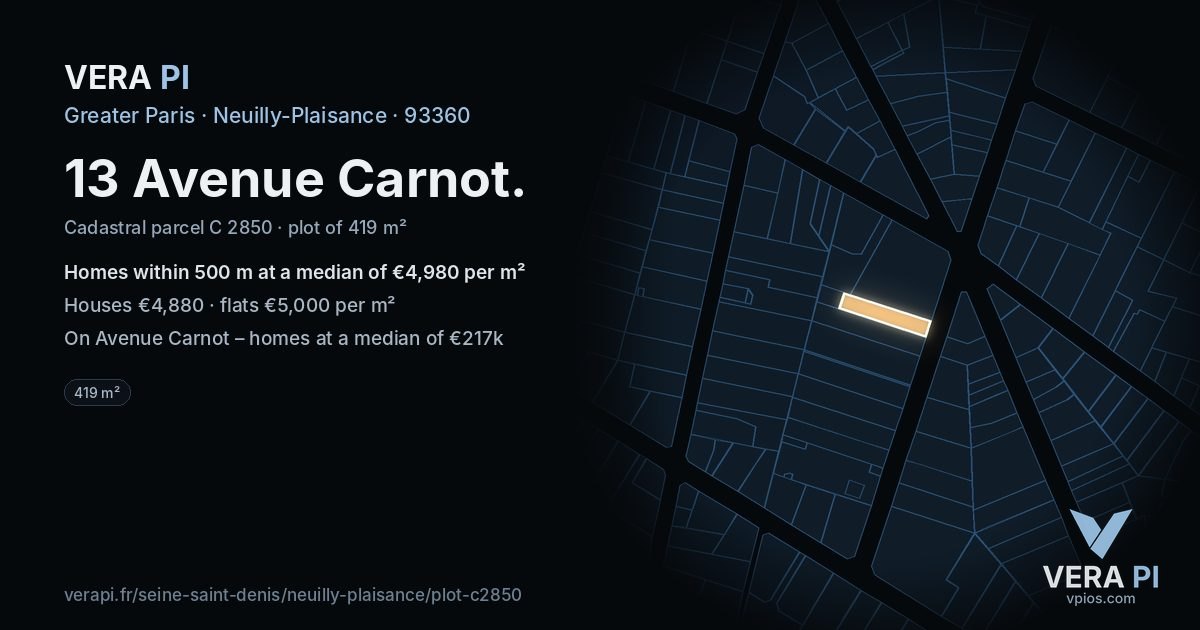 13 Avenue Carnot, Neuilly-Plaisance at night – the plot lit, the parcels around coloured by the prices near them