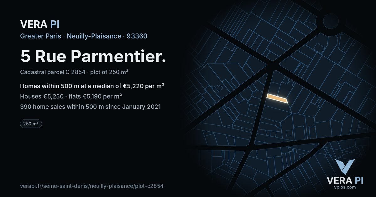 5 Rue Parmentier, Neuilly-Plaisance at night – the plot lit, the parcels around coloured by the prices near them
