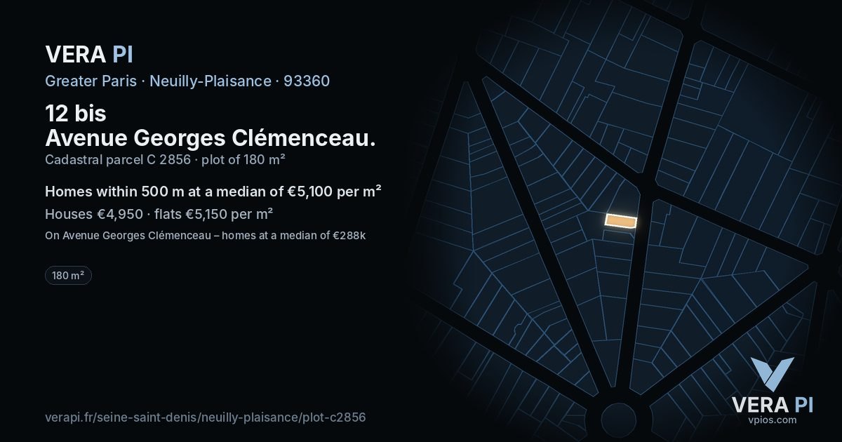 12 bis Avenue Georges Clémenceau, Neuilly-Plaisance at night – the plot lit, the parcels around coloured by the prices near them