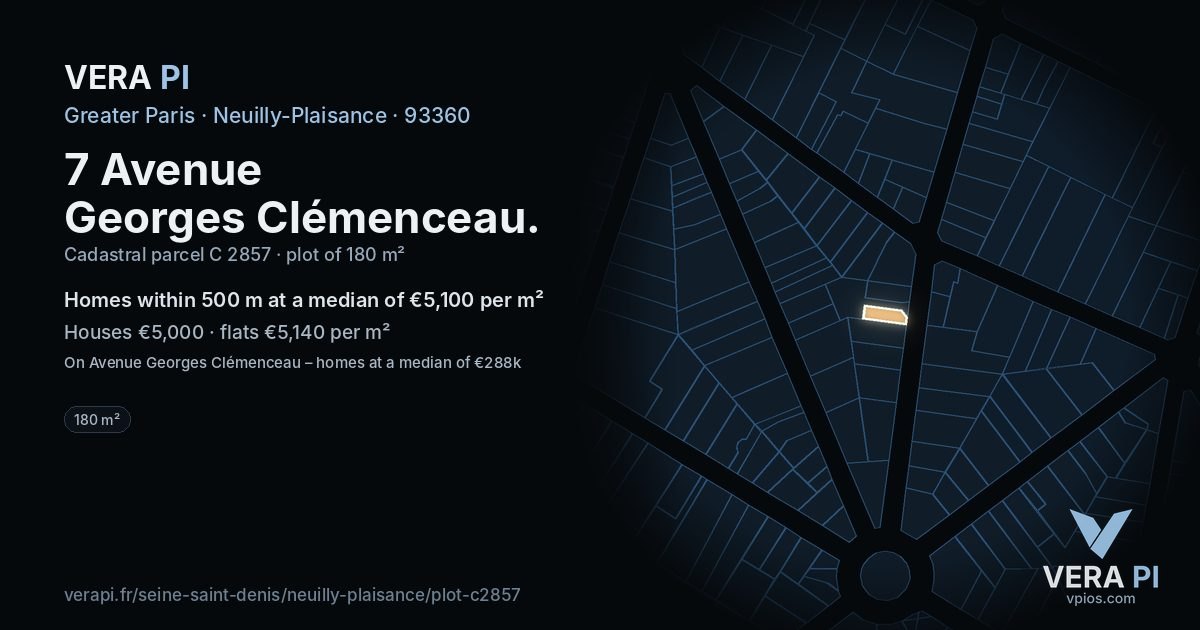 7 Avenue Georges Clémenceau, Neuilly-Plaisance at night – the plot lit, the parcels around coloured by the prices near them
