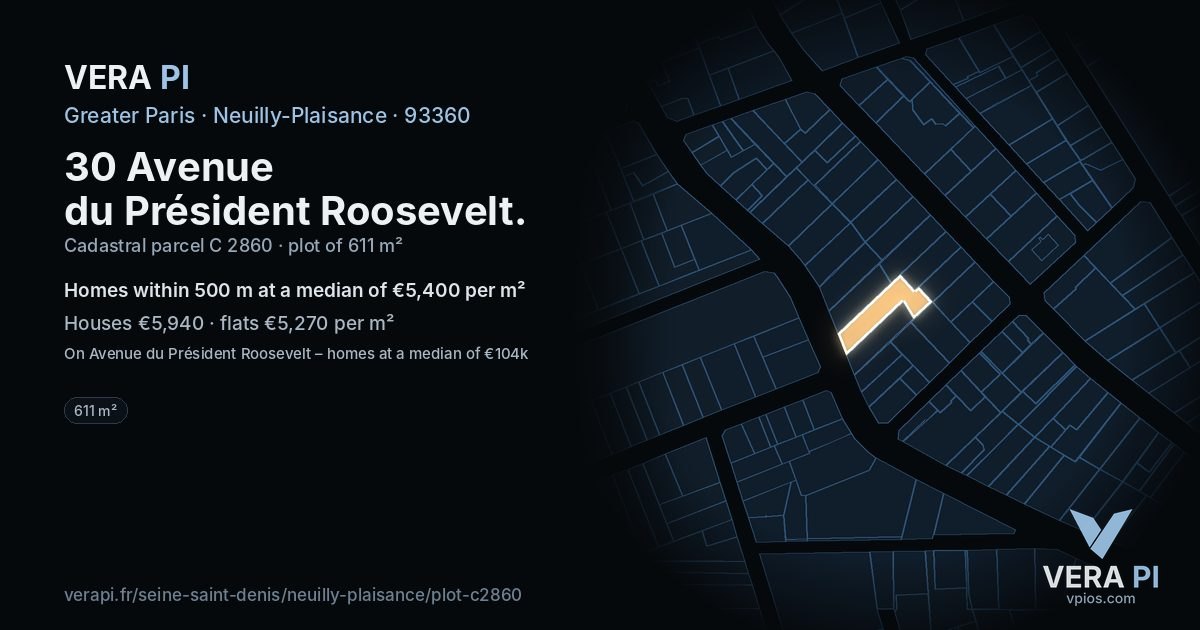 30 Avenue du Président Roosevelt, Neuilly-Plaisance at night – the plot lit, the parcels around coloured by the prices near them