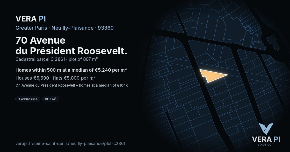 70 Avenue du Président Roosevelt, Neuilly-Plaisance at night – the plot lit, the parcels around coloured by the prices near them