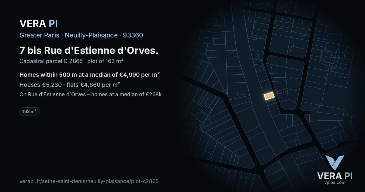 7 bis Rue d'Estienne d'Orves, Neuilly-Plaisance at night – the plot lit, the parcels around coloured by the prices near them