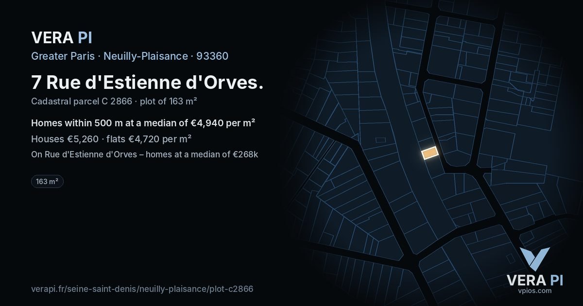 7 Rue d'Estienne d'Orves, Neuilly-Plaisance at night – the plot lit, the parcels around coloured by the prices near them