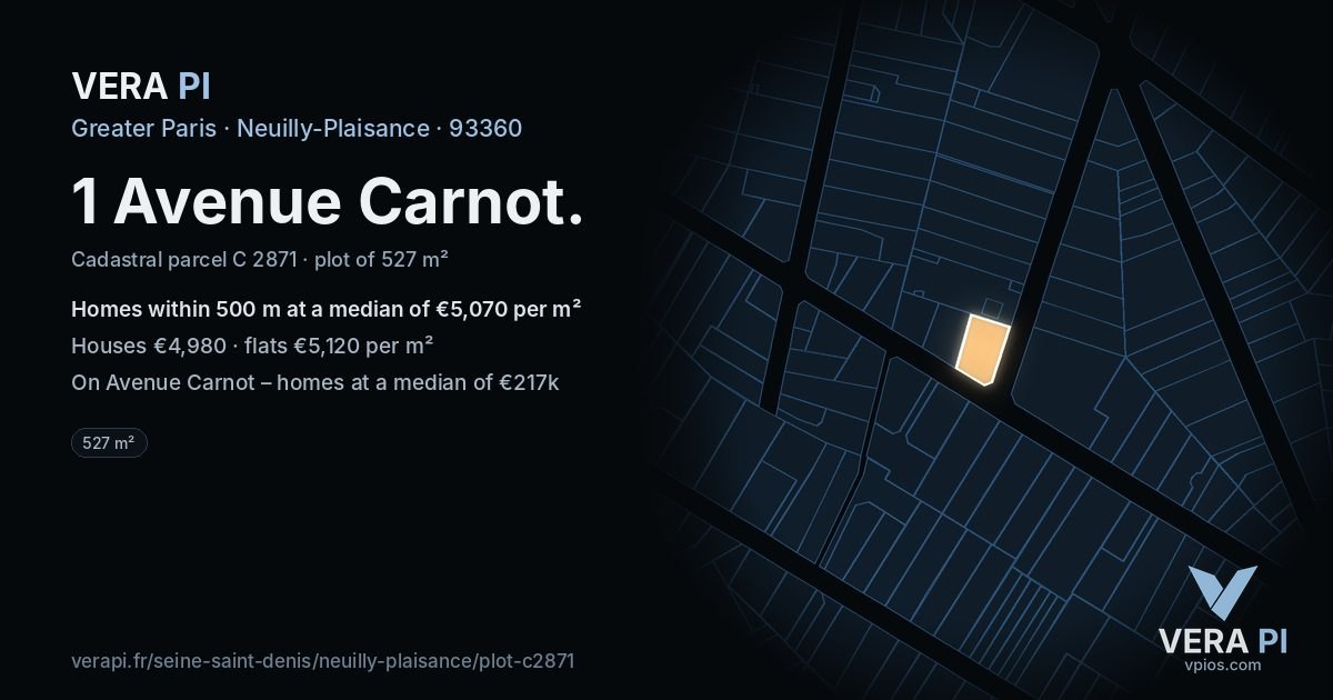 1 Avenue Carnot, Neuilly-Plaisance at night – the plot lit, the parcels around coloured by the prices near them