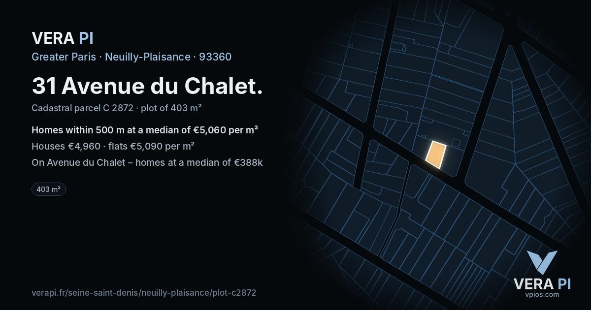 31 Avenue du Chalet, Neuilly-Plaisance at night – the plot lit, the parcels around coloured by the prices near them