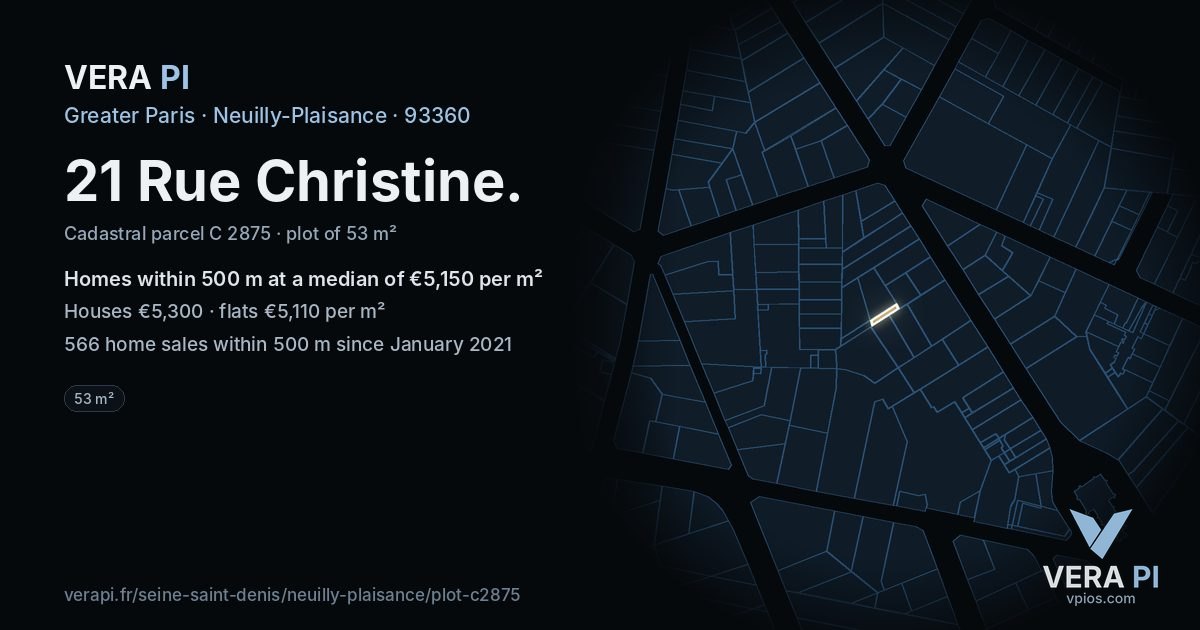 21 Rue Christine, Neuilly-Plaisance at night – the plot lit, the parcels around coloured by the prices near them