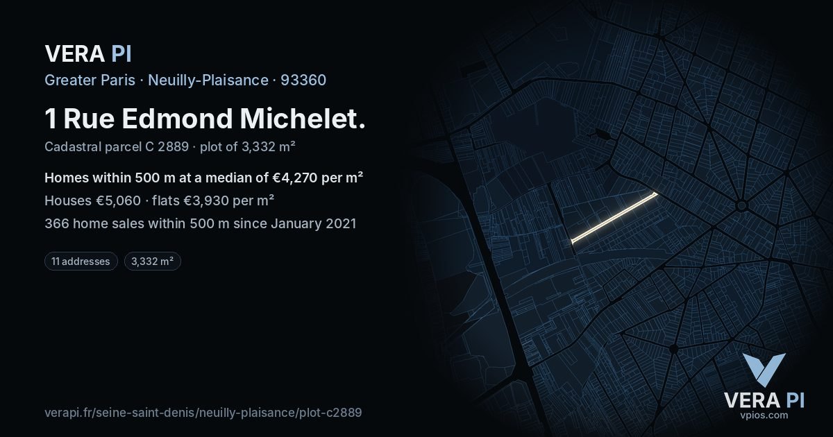 1 Rue Edmond Michelet, Neuilly-Plaisance at night – the plot lit, the parcels around coloured by the prices near them