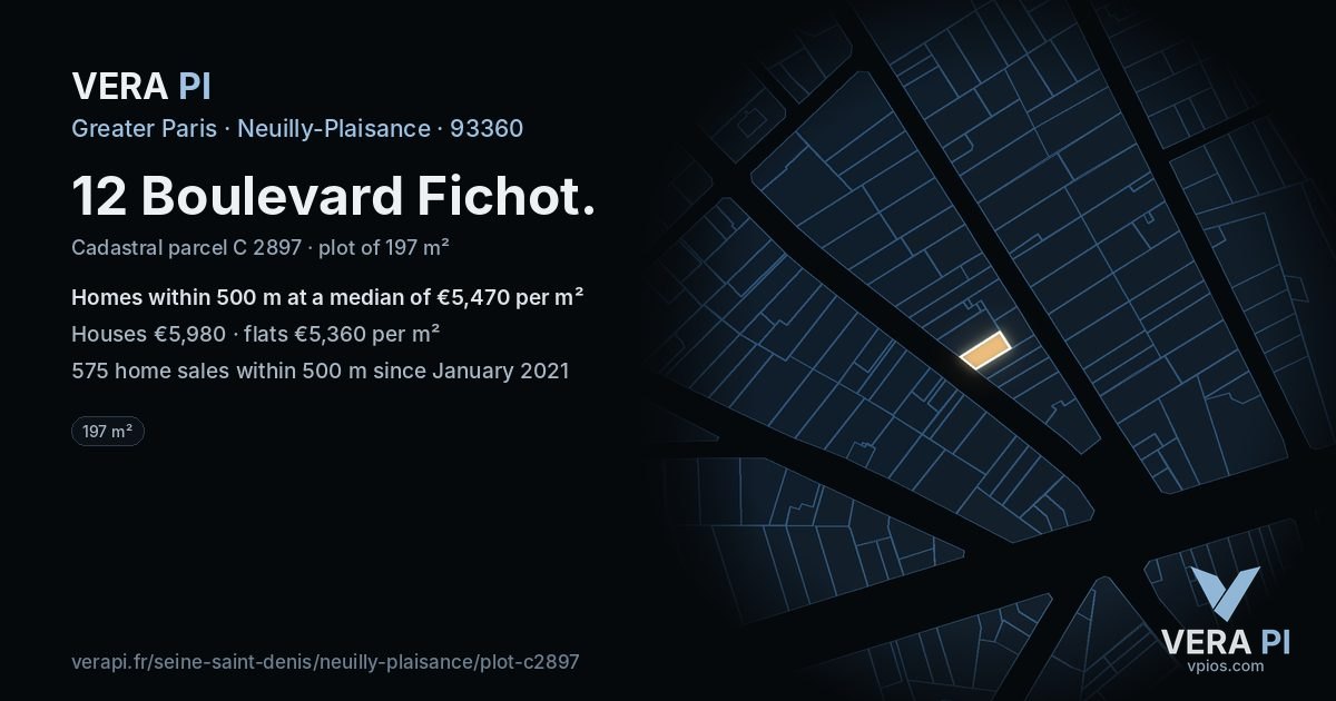 12 Boulevard Fichot, Neuilly-Plaisance at night – the plot lit, the parcels around coloured by the prices near them