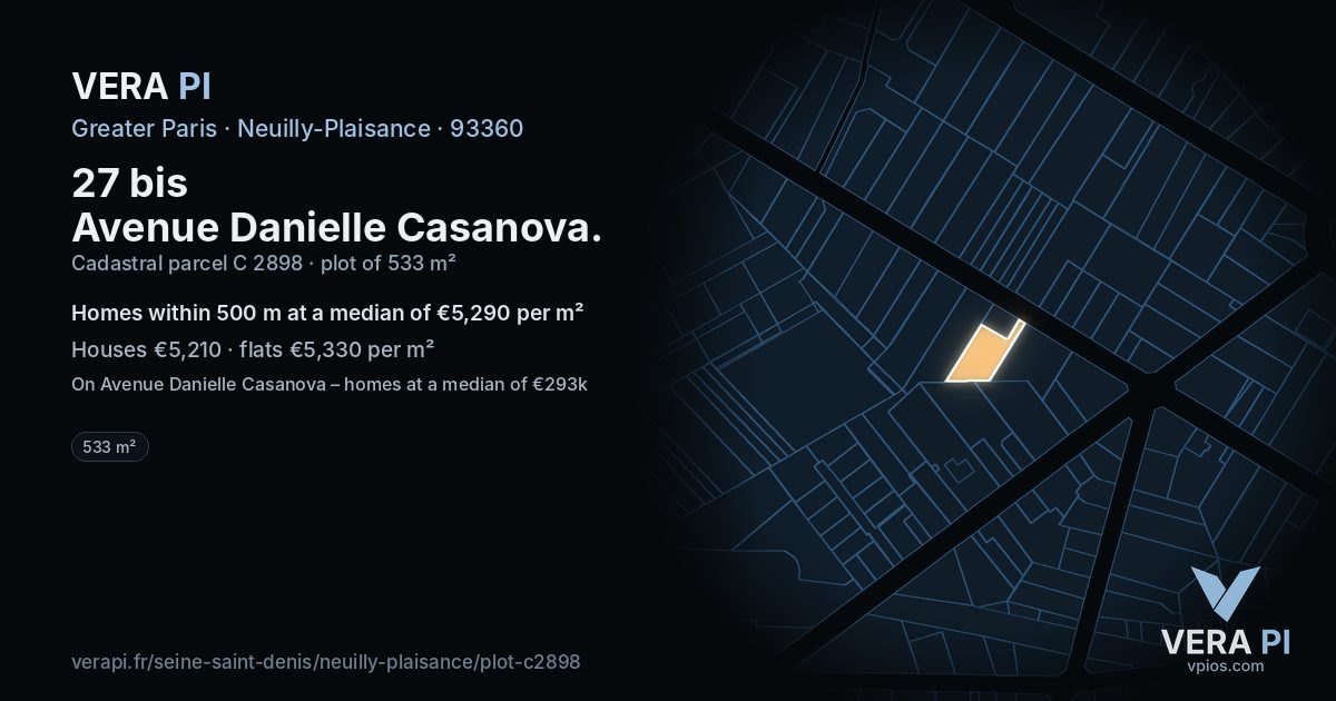 27 bis Avenue Danielle Casanova, Neuilly-Plaisance at night – the plot lit, the parcels around coloured by the prices near them