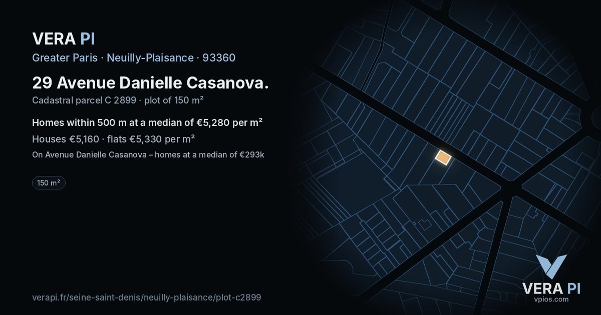 29 Avenue Danielle Casanova, Neuilly-Plaisance at night – the plot lit, the parcels around coloured by the prices near them