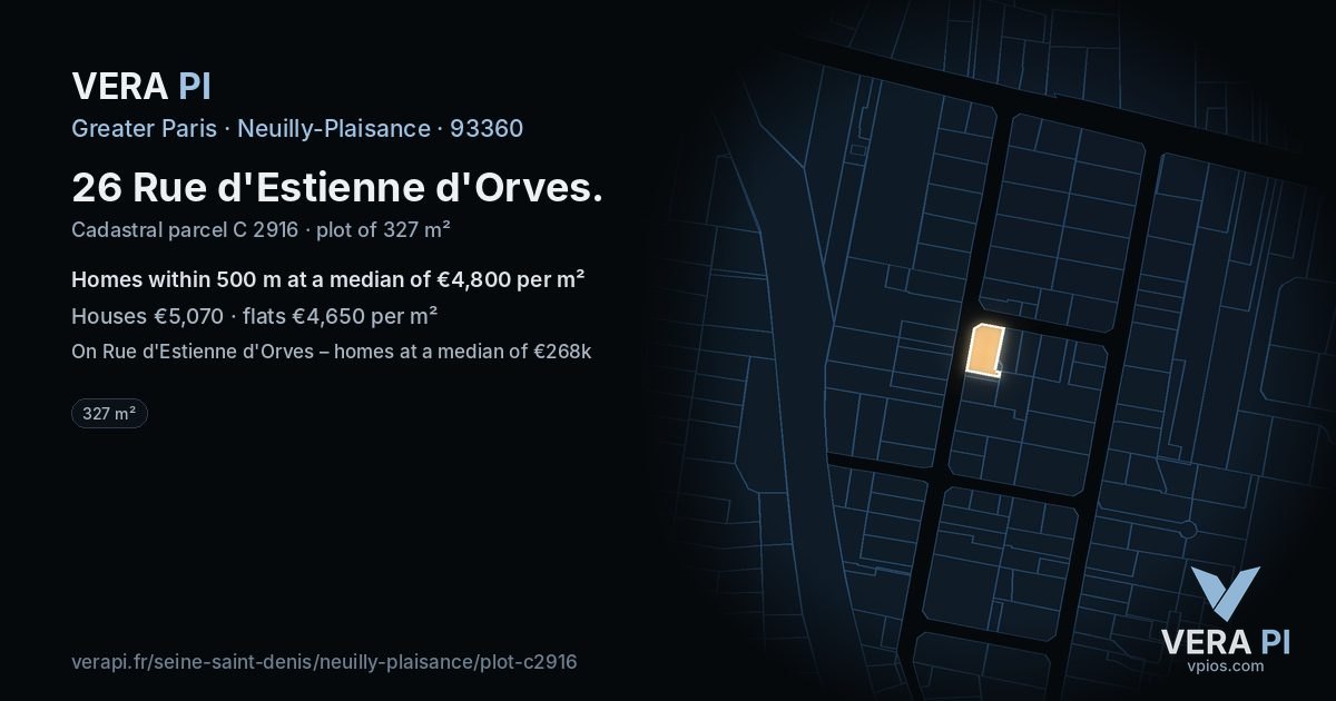 26 Rue d'Estienne d'Orves, Neuilly-Plaisance at night – the plot lit, the parcels around coloured by the prices near them