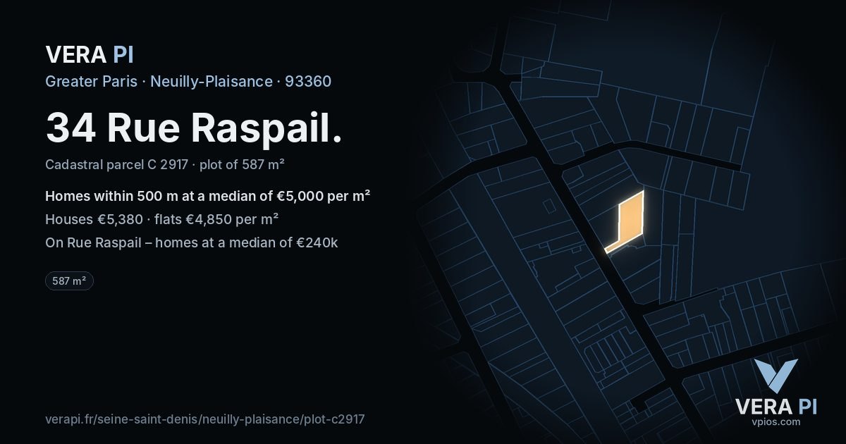 34 Rue Raspail, Neuilly-Plaisance at night – the plot lit, the parcels around coloured by the prices near them