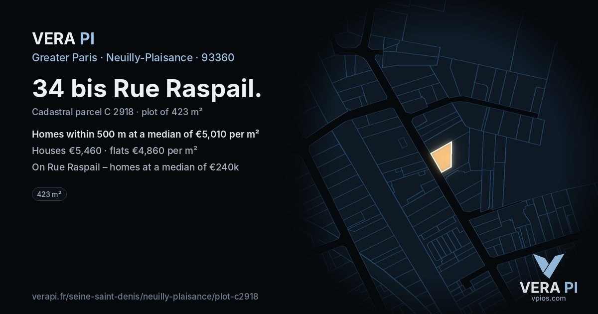 34 bis Rue Raspail, Neuilly-Plaisance at night – the plot lit, the parcels around coloured by the prices near them