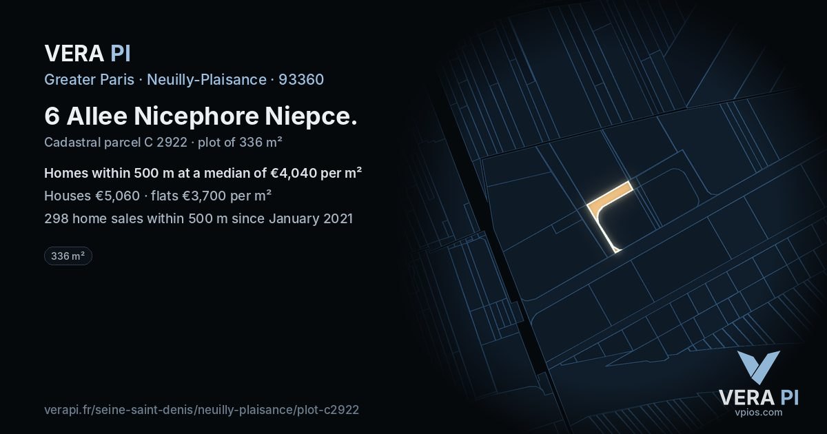 6 Allee Nicephore Niepce, Neuilly-Plaisance at night – the plot lit, the parcels around coloured by the prices near them