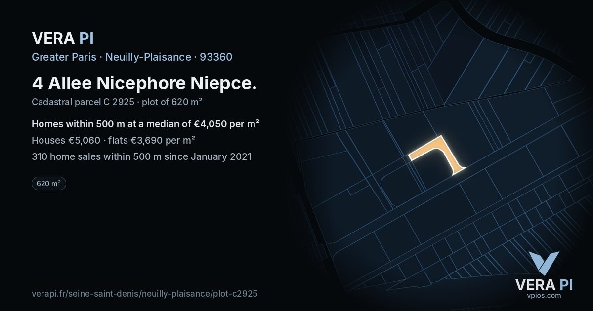 4 Allee Nicephore Niepce, Neuilly-Plaisance at night – the plot lit, the parcels around coloured by the prices near them