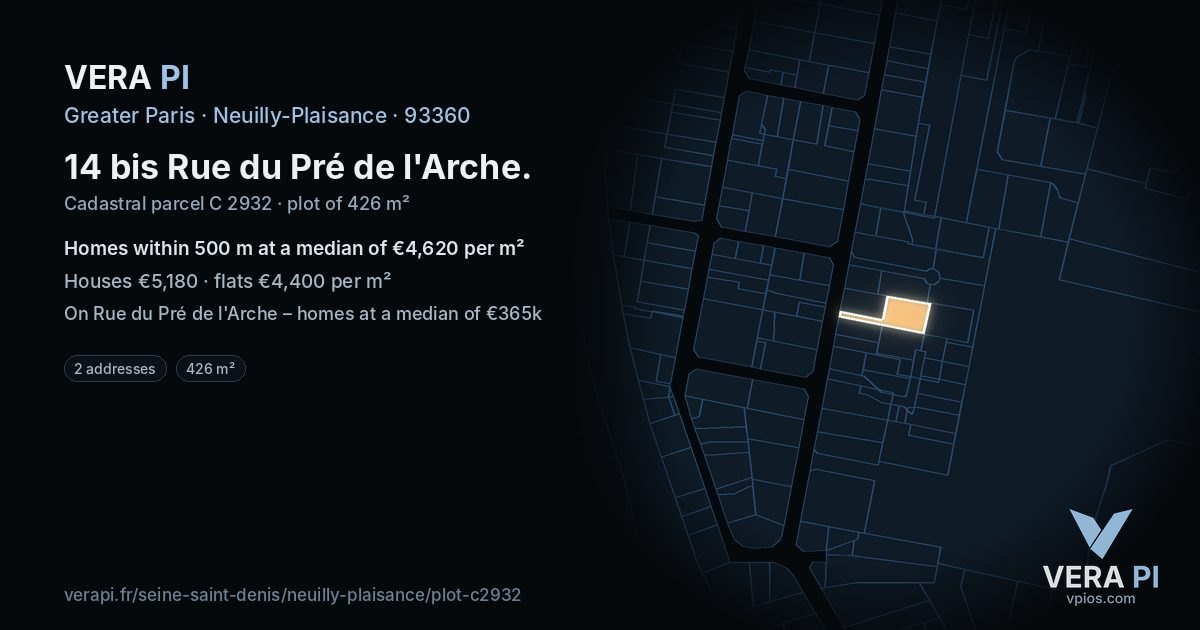 14 bis Rue du Pré de l'Arche, Neuilly-Plaisance at night – the plot lit, the parcels around coloured by the prices near them