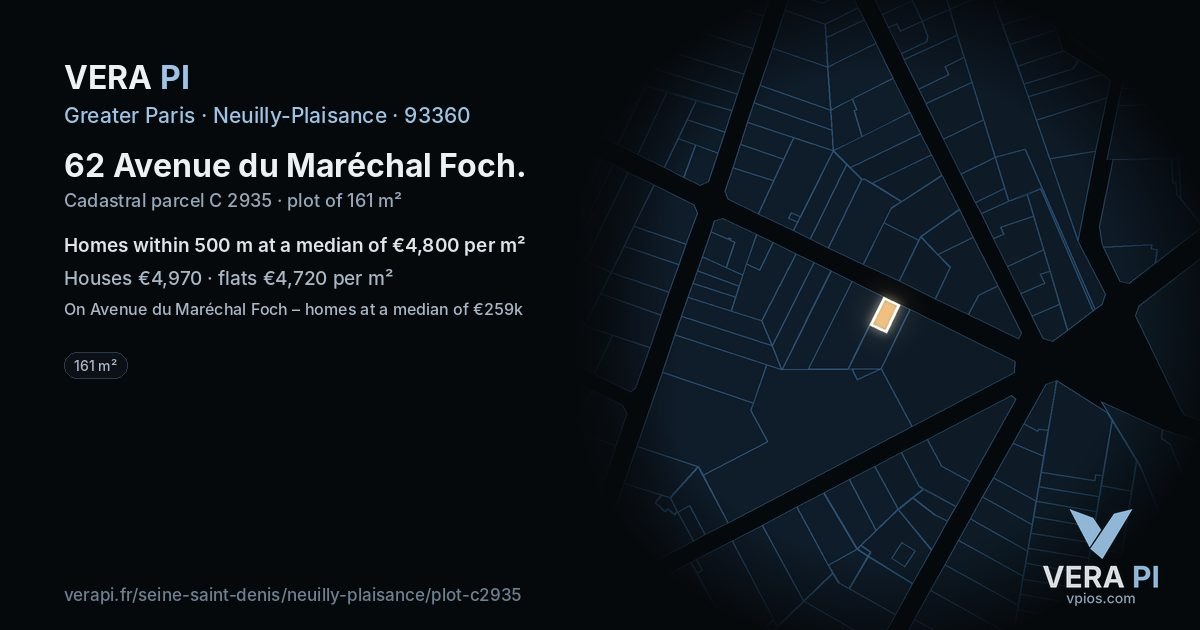62 Avenue du Maréchal Foch, Neuilly-Plaisance at night – the plot lit, the parcels around coloured by the prices near them
