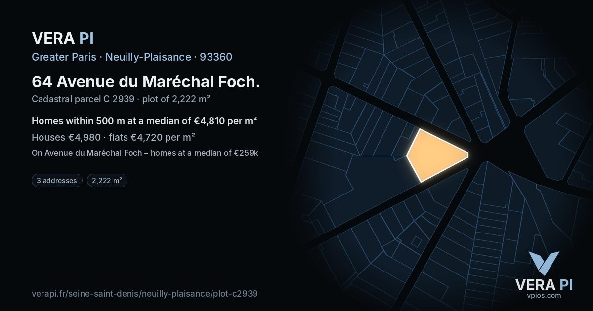 64 Avenue du Maréchal Foch, Neuilly-Plaisance at night – the plot lit, the parcels around coloured by the prices near them