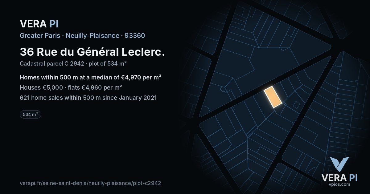 36 Rue du Général Leclerc, Neuilly-Plaisance at night – the plot lit, the parcels around coloured by the prices near them
