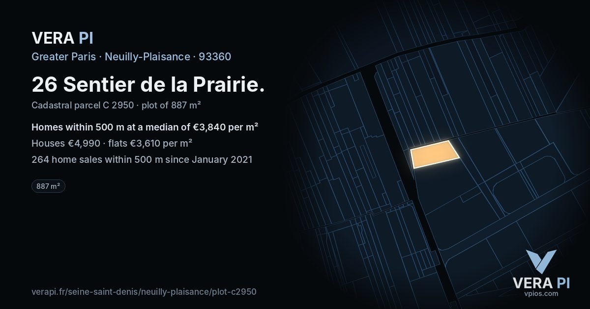 26 Sentier de la Prairie, Neuilly-Plaisance at night – the plot lit, the parcels around coloured by the prices near them