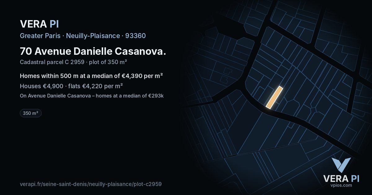 70 Avenue Danielle Casanova, Neuilly-Plaisance at night – the plot lit, the parcels around coloured by the prices near them