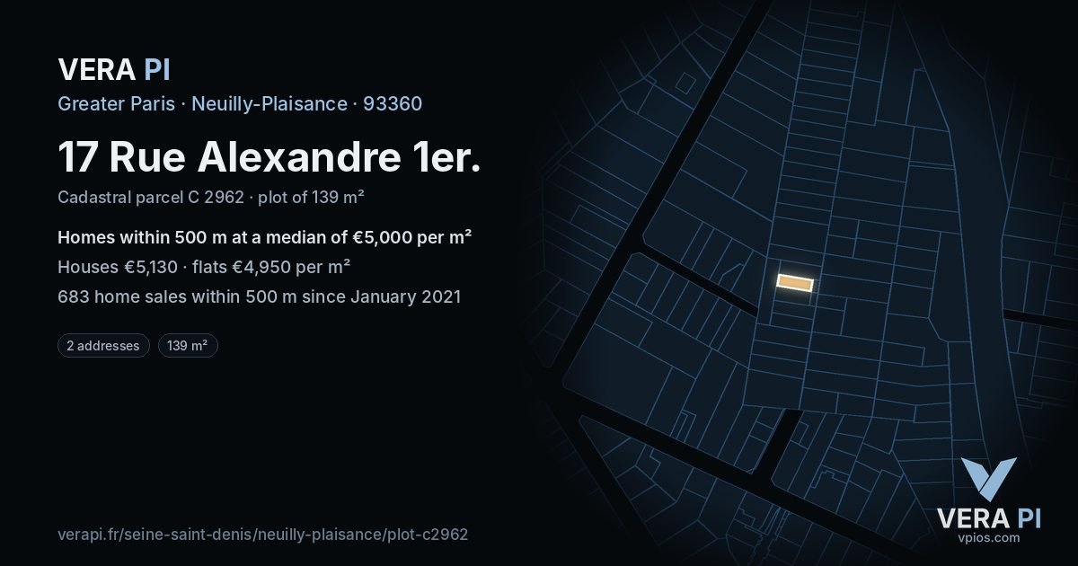 17 Rue Alexandre 1er, Neuilly-Plaisance at night – the plot lit, the parcels around coloured by the prices near them