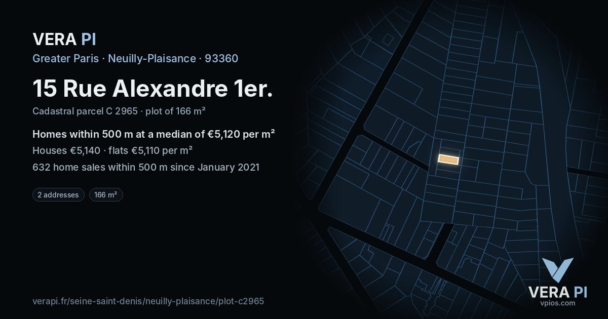 15 Rue Alexandre 1er, Neuilly-Plaisance at night – the plot lit, the parcels around coloured by the prices near them