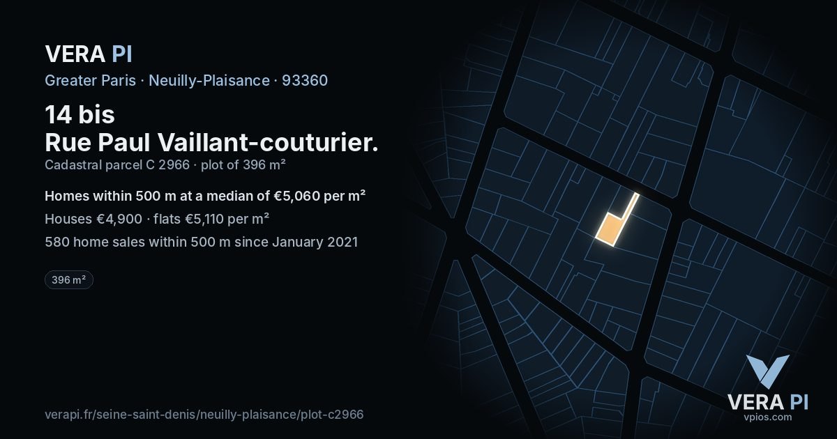 14 bis Rue Paul Vaillant-couturier, Neuilly-Plaisance at night – the plot lit, the parcels around coloured by the prices near them