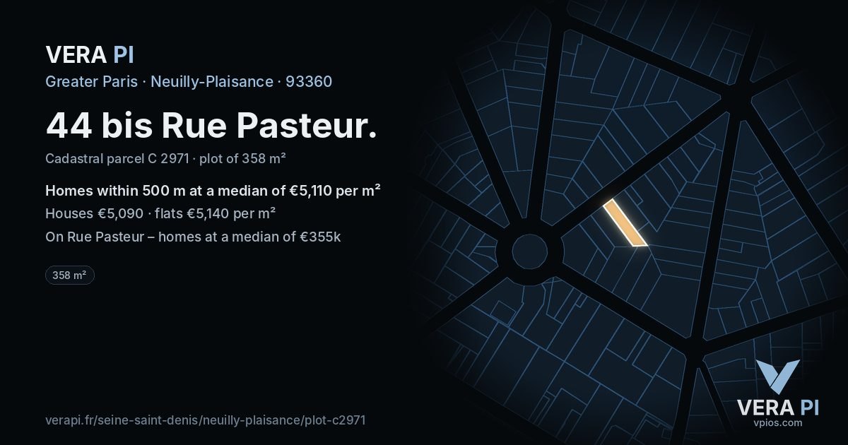 44 bis Rue Pasteur, Neuilly-Plaisance at night – the plot lit, the parcels around coloured by the prices near them