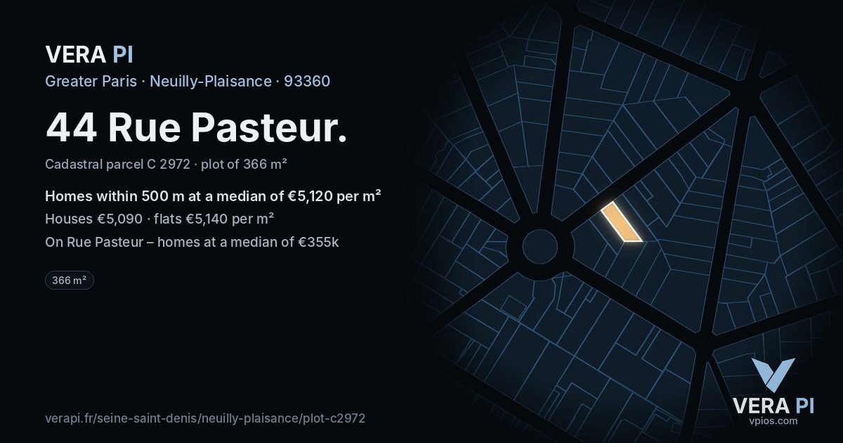 44 Rue Pasteur, Neuilly-Plaisance at night – the plot lit, the parcels around coloured by the prices near them