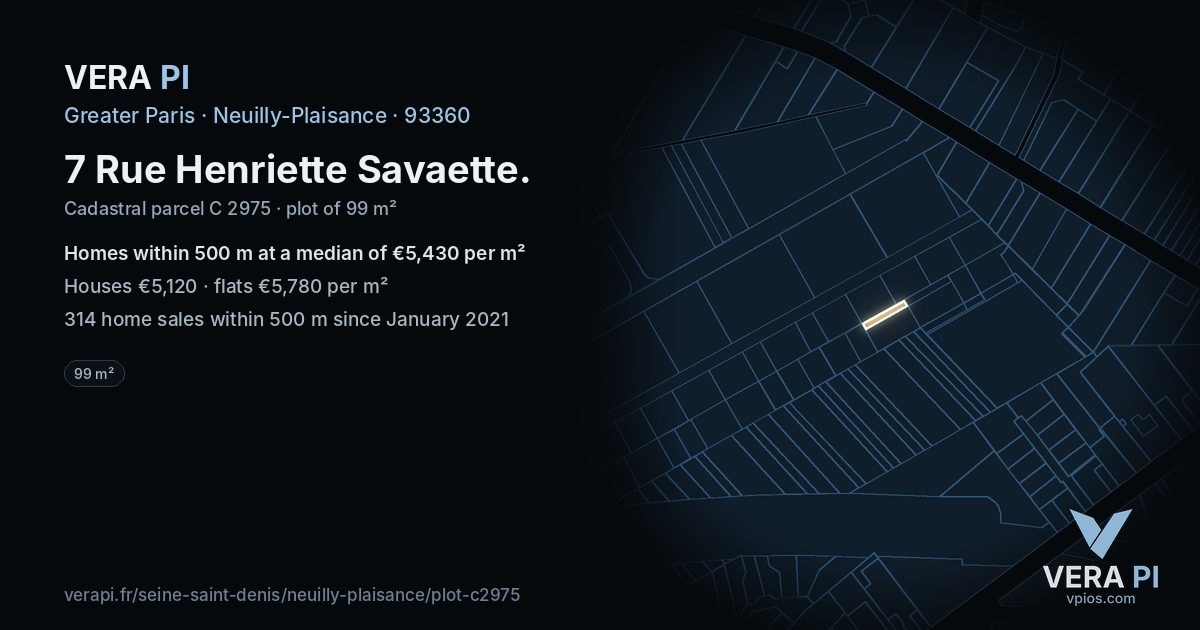 7 Rue Henriette Savaette, Neuilly-Plaisance at night – the plot lit, the parcels around coloured by the prices near them