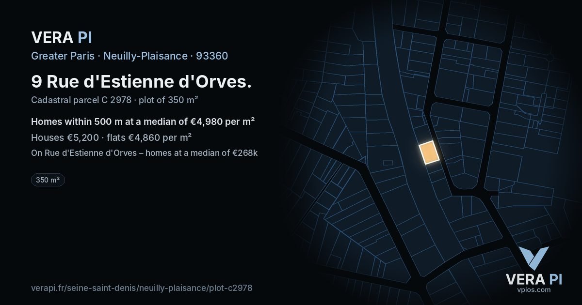 9 Rue d'Estienne d'Orves, Neuilly-Plaisance at night – the plot lit, the parcels around coloured by the prices near them