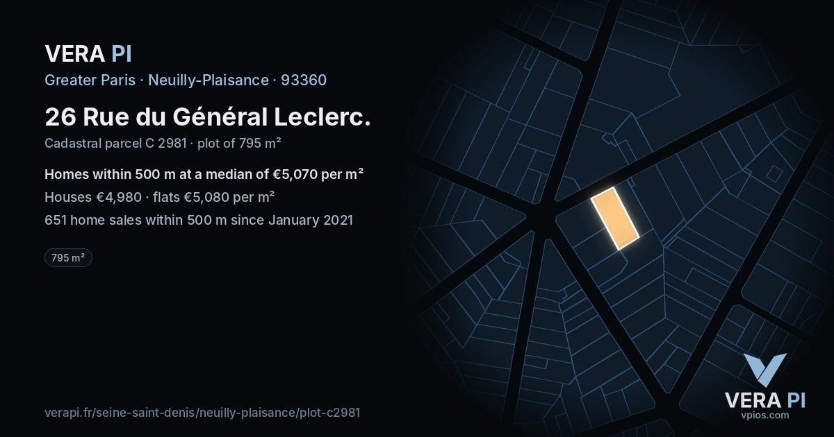 26 Rue du Général Leclerc, Neuilly-Plaisance at night – the plot lit, the parcels around coloured by the prices near them